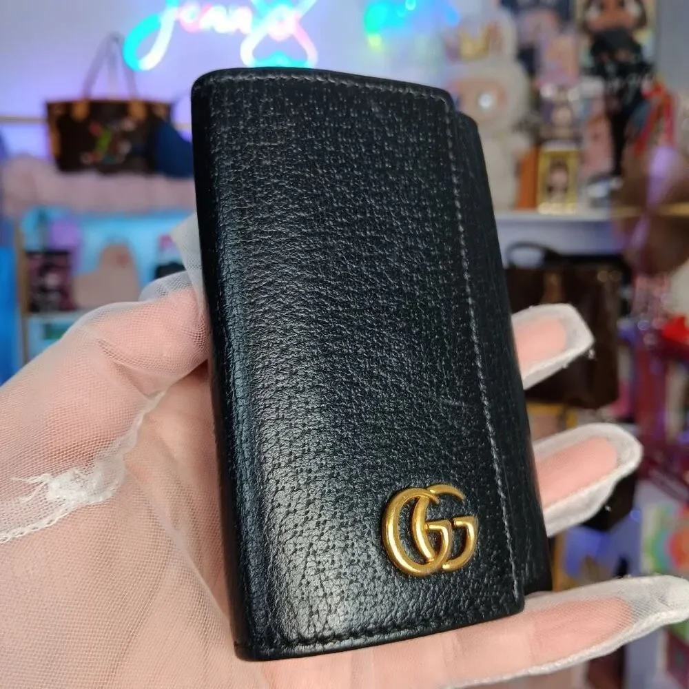 GUCCI Marmont Key Case 6 rings GG Signature Logo Black Leather Unisex Full Set